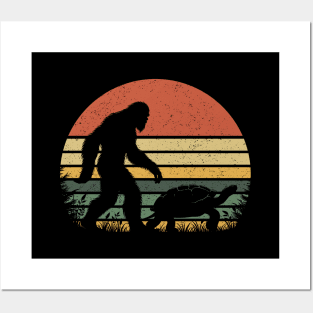 Bigfoot Walking With a Turtle Vintage Distressed Sunset Hiking Posters and Art